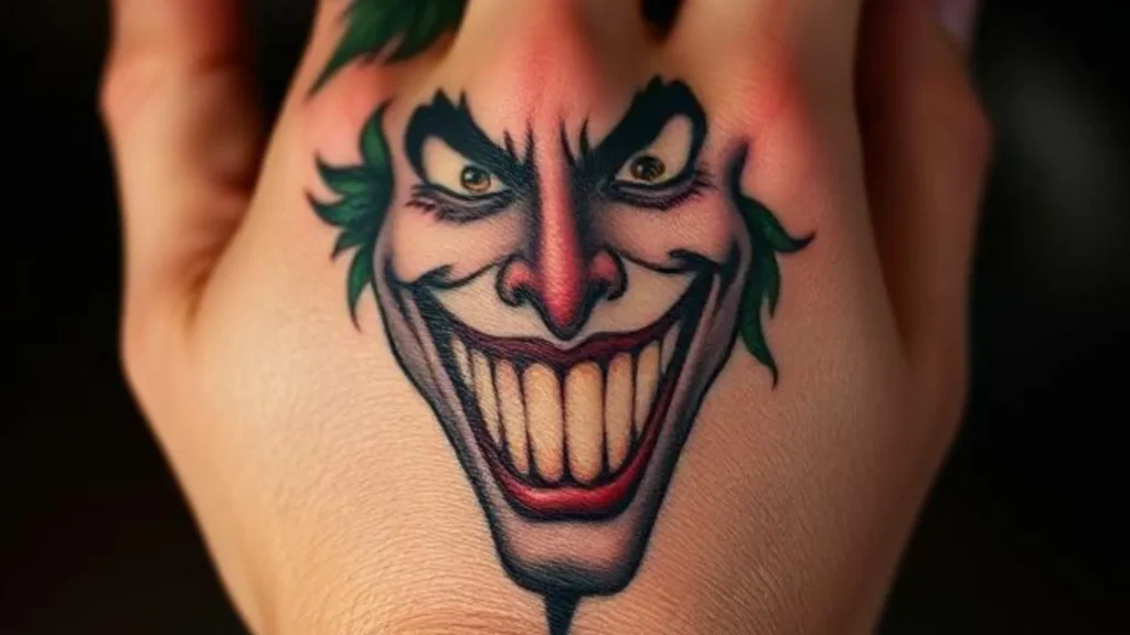 joker smile on hand tattoo