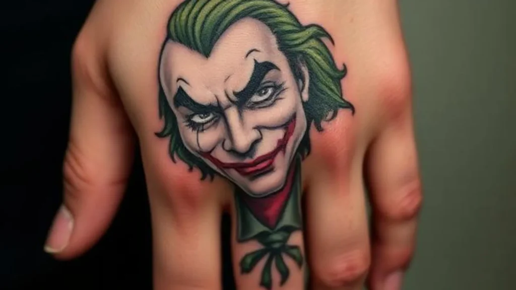 joker smile on hand tattoo