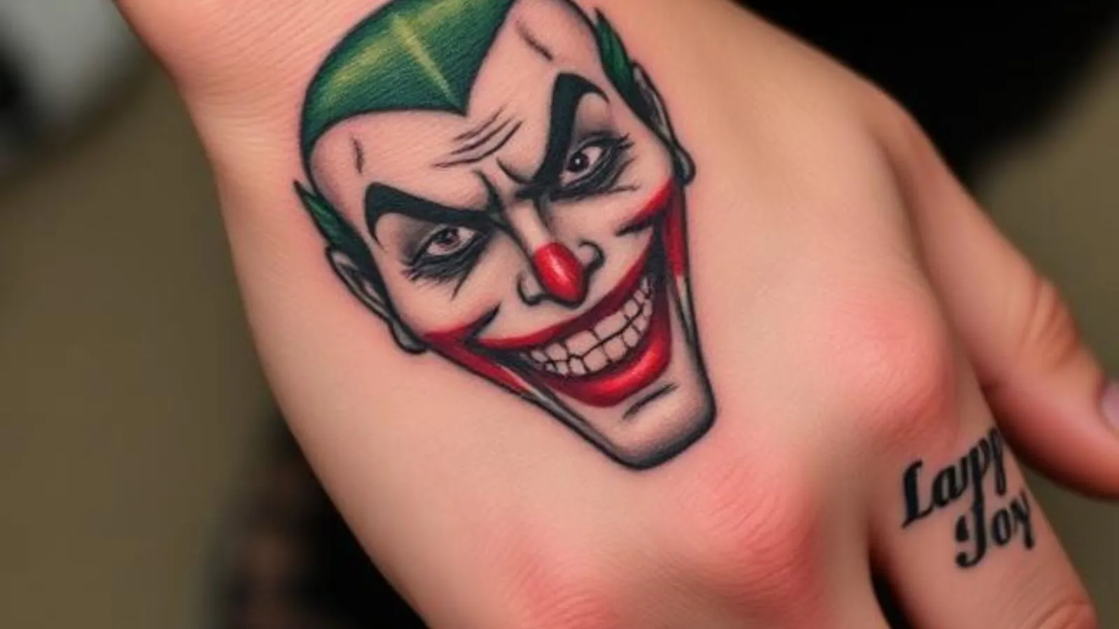 joker smile on hand tattoo